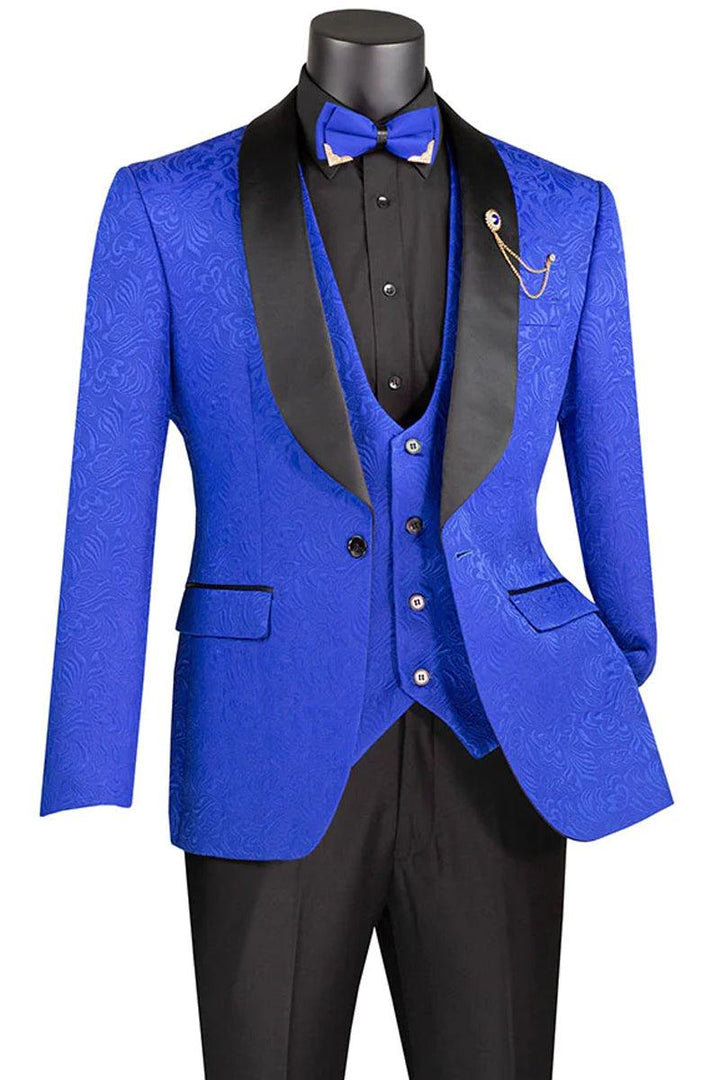 Vinci Men's Slim Fit Paisley Royal Blue Wedding Tuxedo Vested - Elegant Mensattire