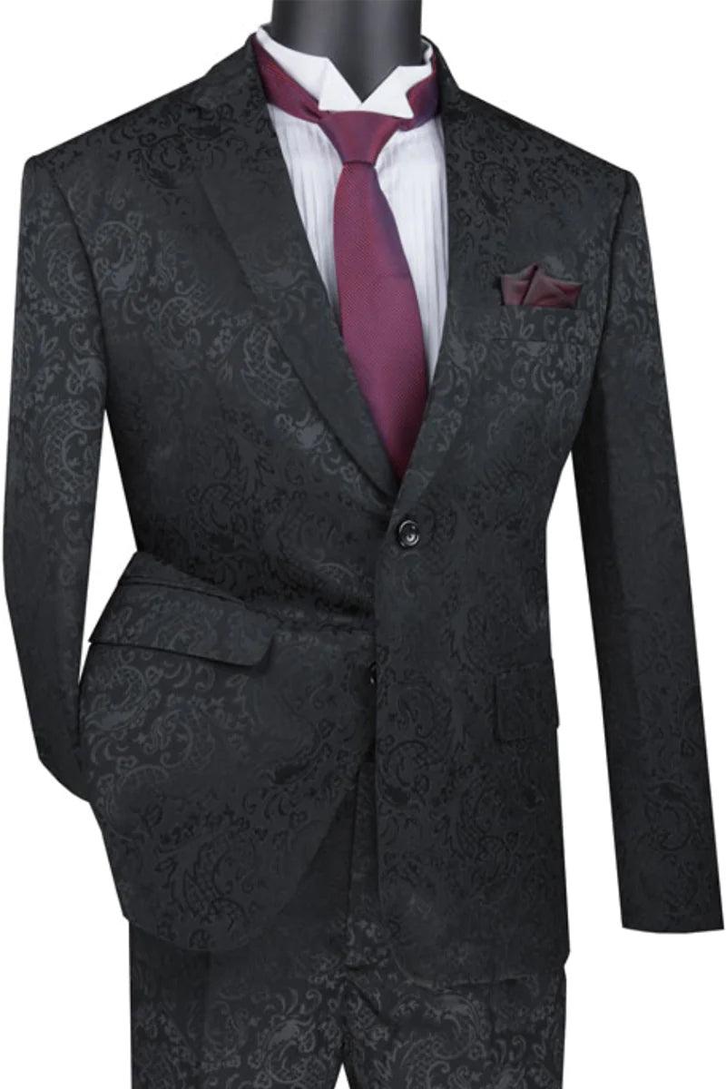 Vinci Men's Slim Fit Shiny Paisley Black Wedding/Prom Suit - Elegant Mensattire