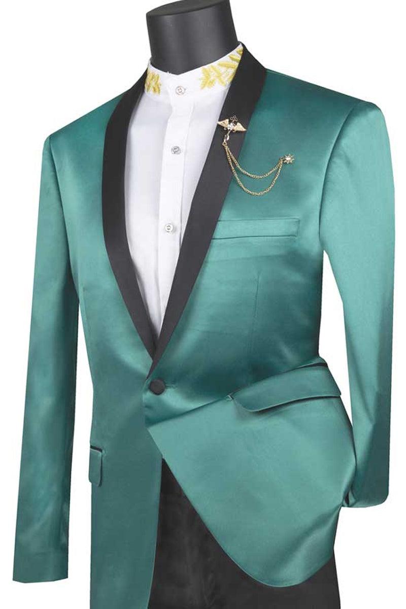 Vinci Men's Slim-Fit Teal Satin Tuxedo Jacket, 1-Button Shine - Elegant Mensattire