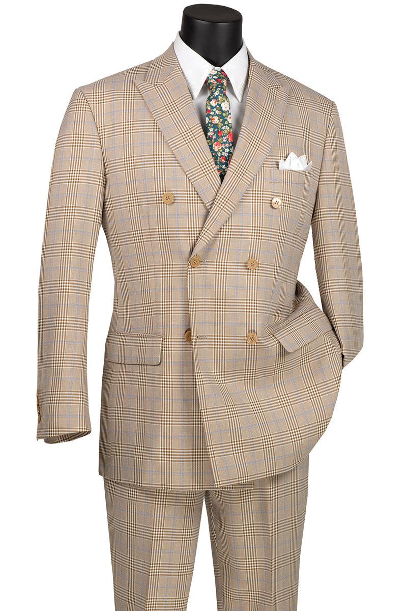 Vinci Men's Tan Double-Breasted Windowpane Plaid Suit - Elegant Mensattire