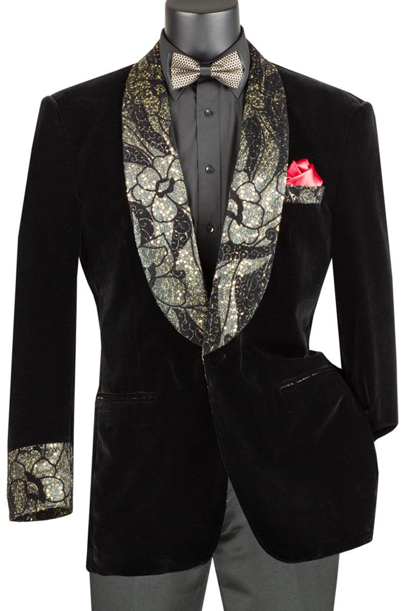 Vinci Men's Velvet Prom Jacket w/Fancy Glitter Lapel & Cuffs - Black - Elegant Mensattire