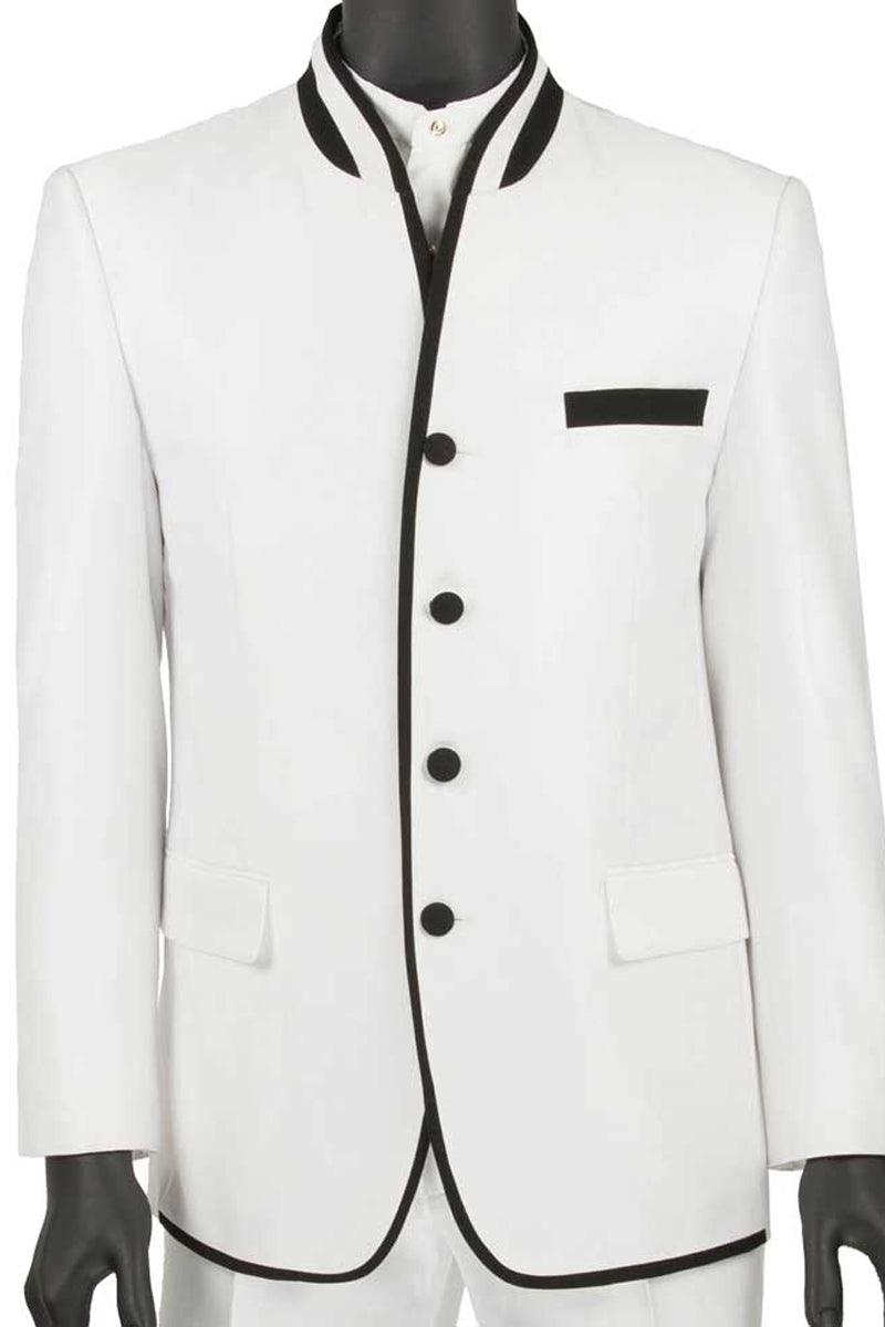 "Vinci Men's White 4-Button Mandarin Tuxedo w/Banded Trim" - Elegant Mensattire