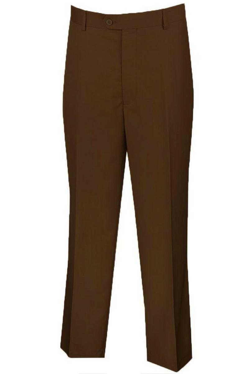 "Vinci Men's Wool Feel Brown Flat-Front Dress Pants - Regular Fit" - Elegant Mensattire