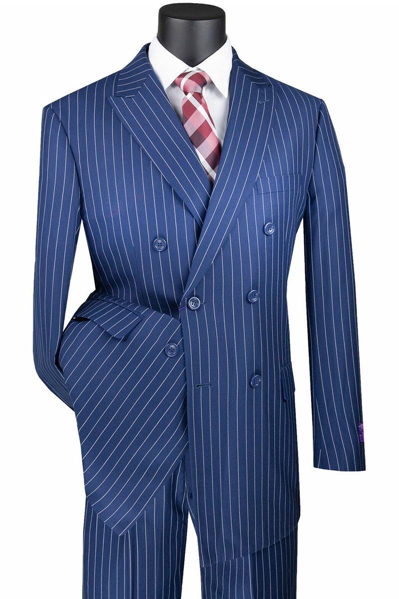 Vinci Mens Bold Pinstripe Double Breasted Suit in Indigo Blue - Elegant Mensattire