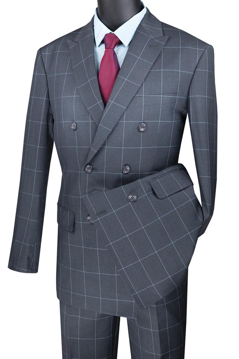 Vinci Mens Suit: Grey Double Breasted Windowpane Plaid - Elegant Mensattire