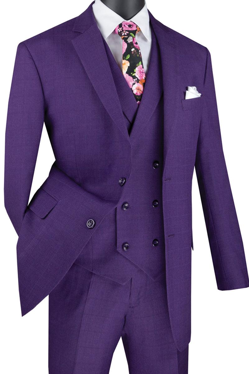 Vinci Purple Plaid Men's 2-Button Double-Breasted Suit Vest - Elegant Mensattire