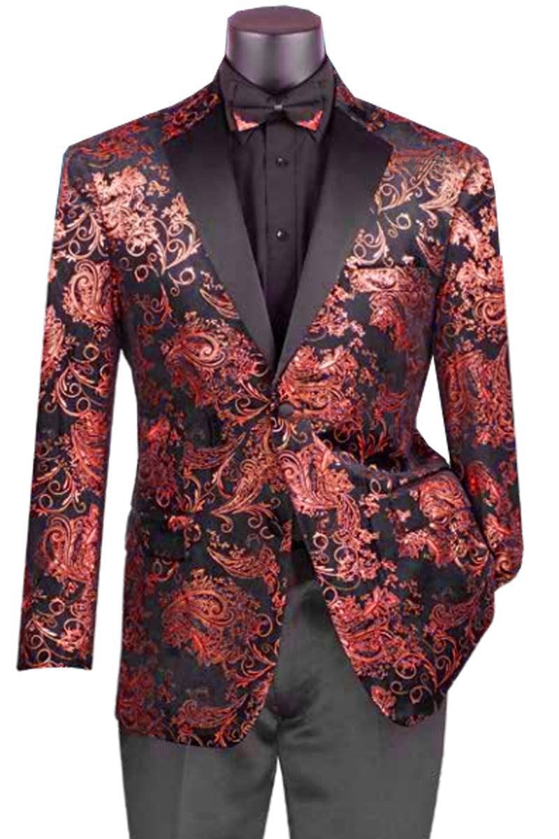 Vinci Red Paisley Velvet Foil Tux Smoking Jacket - Elegant Mensattire