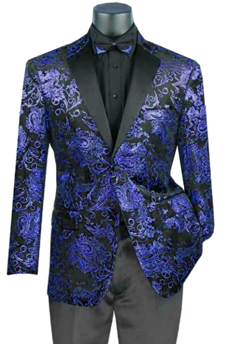 Vinci Royal Blue Valencia Paisley Velvet Foil Smoking Jacket Tuxedo - Elegant Mensattire