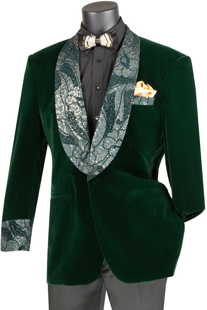 Vinci Velvet Prom Jacket with Glitter Lapel, Emerald Hunter Green - Elegant Mensattire