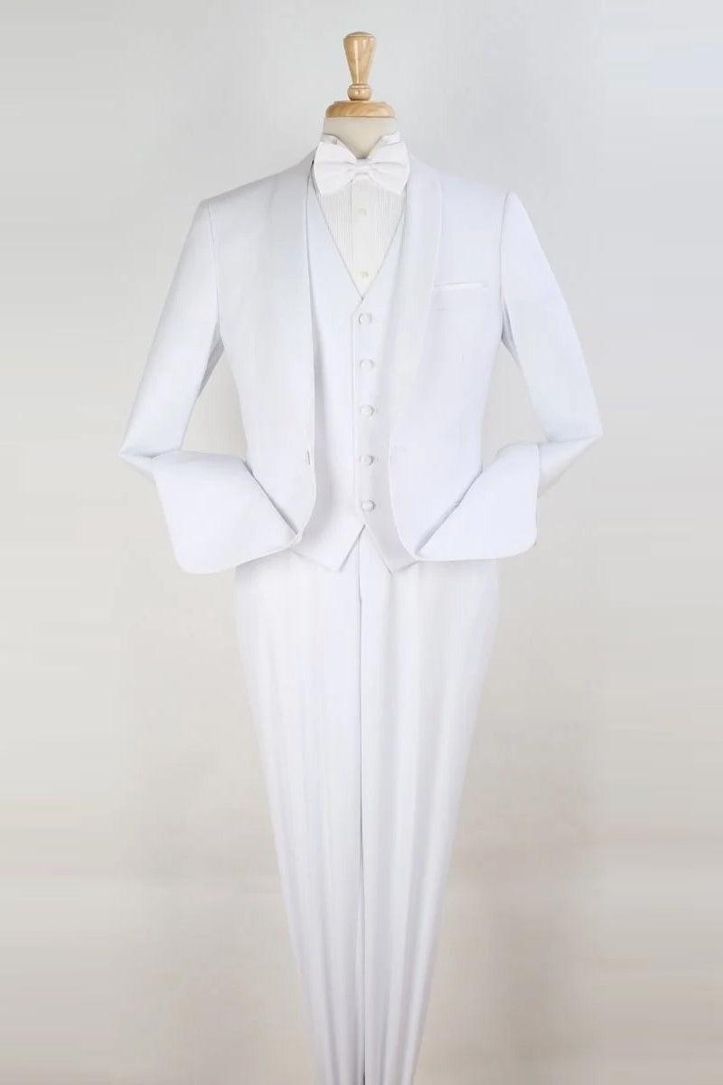 White Royal Diamond One Button Modern Fit Shawl Vested Tuxedo - Elegant Mensattire