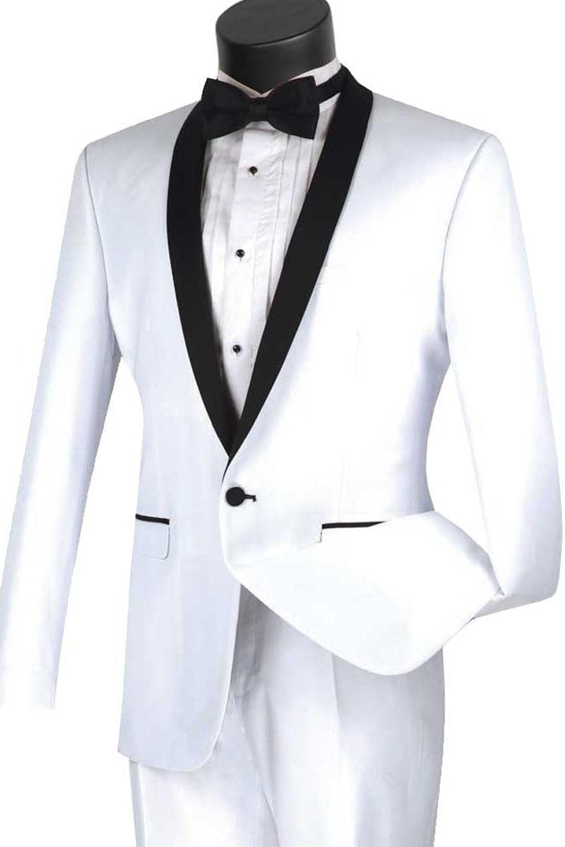 "White Slim Fit Shawl Collar Tuxedo by Vinci: World-Class Wearing Elegance" - Elegant Mensattire