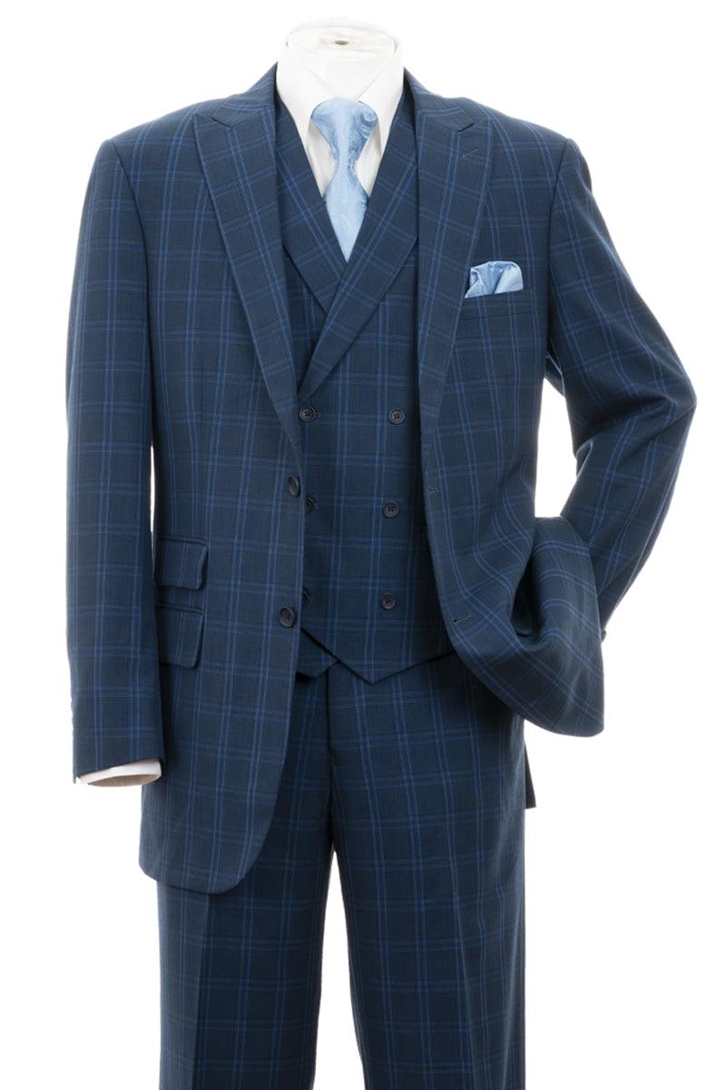 "Windopane Plaid Fortino Landi Vest Suit: Stylish 2-Button Double Breasted Navy Men's Apparel" - Elegant Mensattire